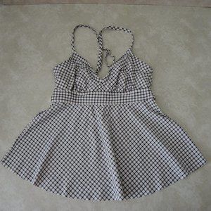 4/$25 Kona Sol Plunge Criss Cross Peplum Tankini Swim Top Black & White Sz Small